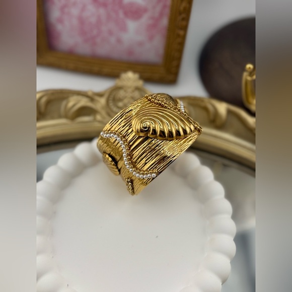 Anthropologie Gold Textured Cuff Bracelet with Pearl Detail - Picture 10 of 16